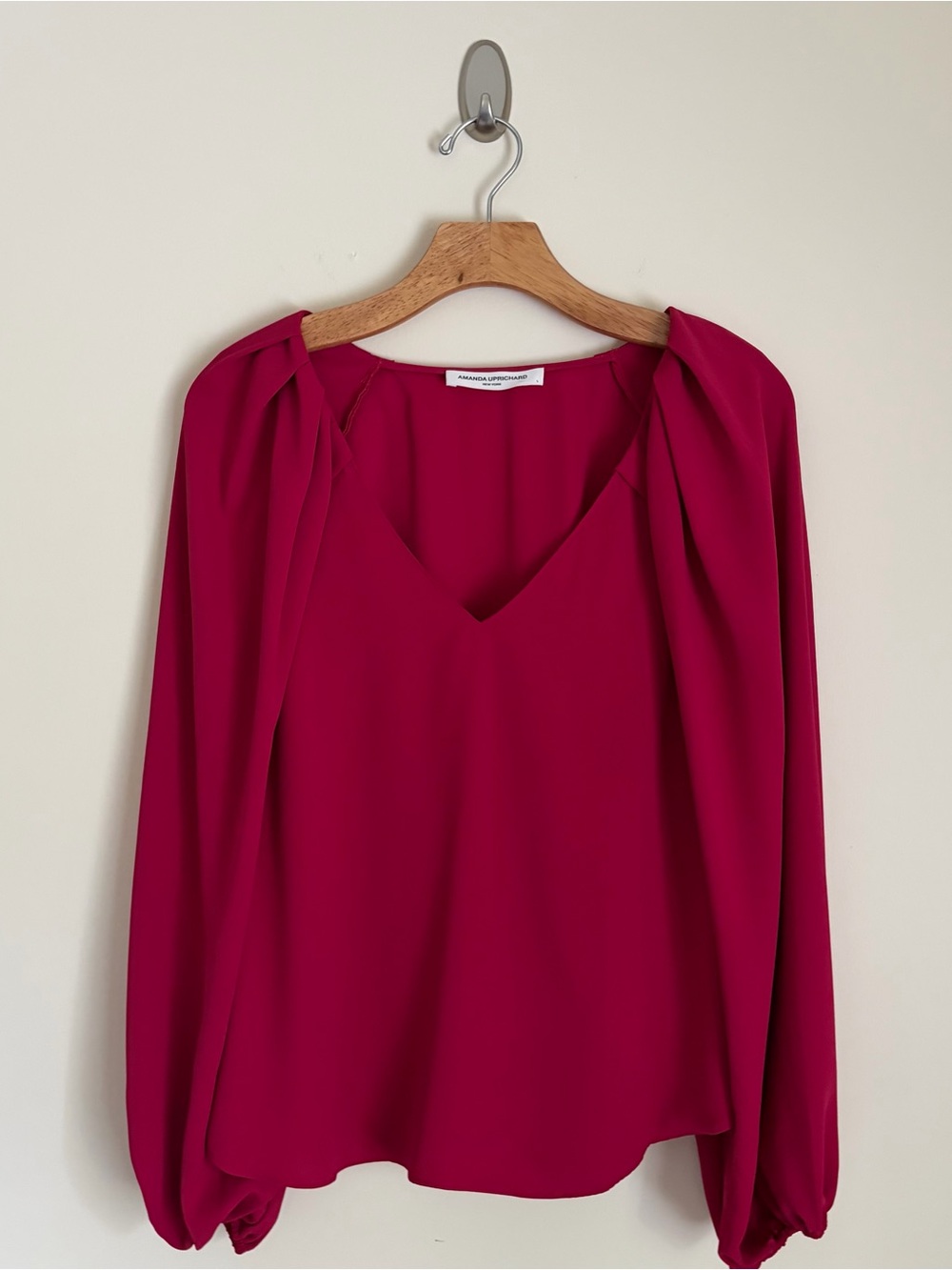 Amanda Uprichard Fuchsia V Neck Pleated Sleeve Blouse Small